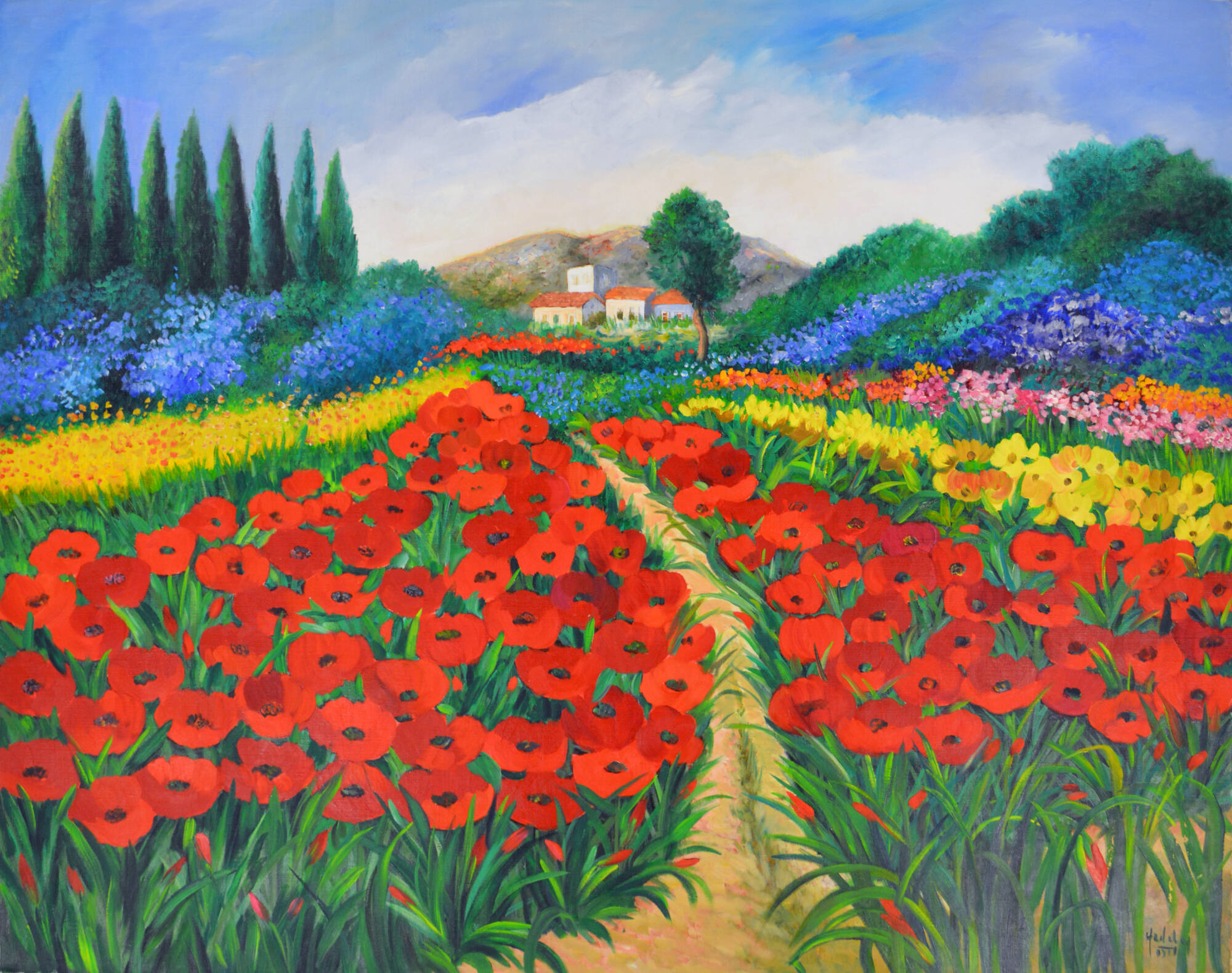Brightly colored painted landscape with a poppy field infront of a white building with a red roof.
